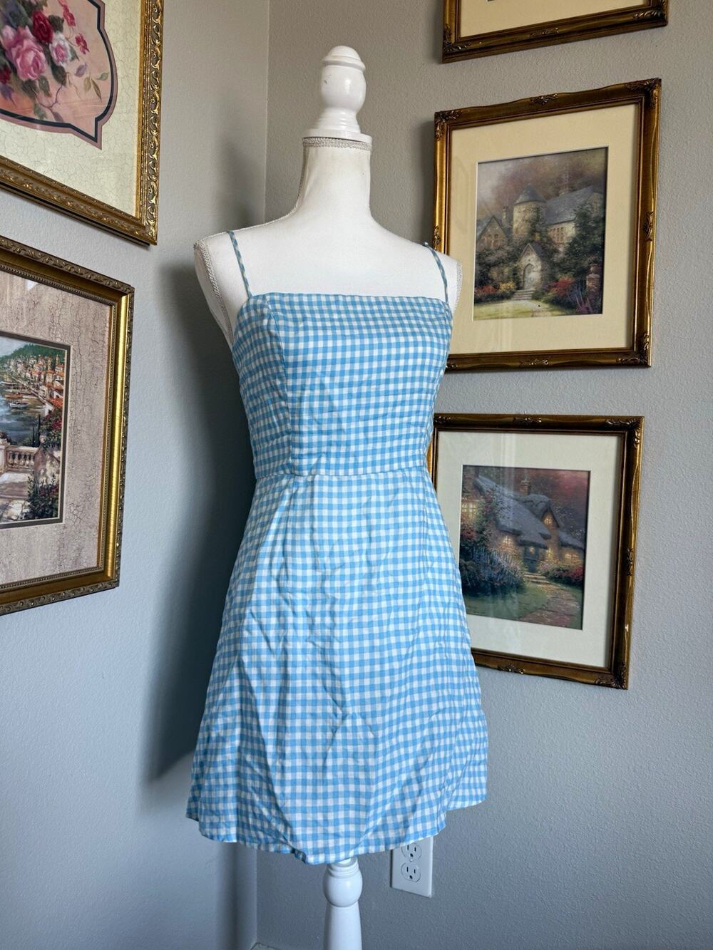 Reformation Blue White Gingham Square Neck Strappy Mini Dress Cotton Size S